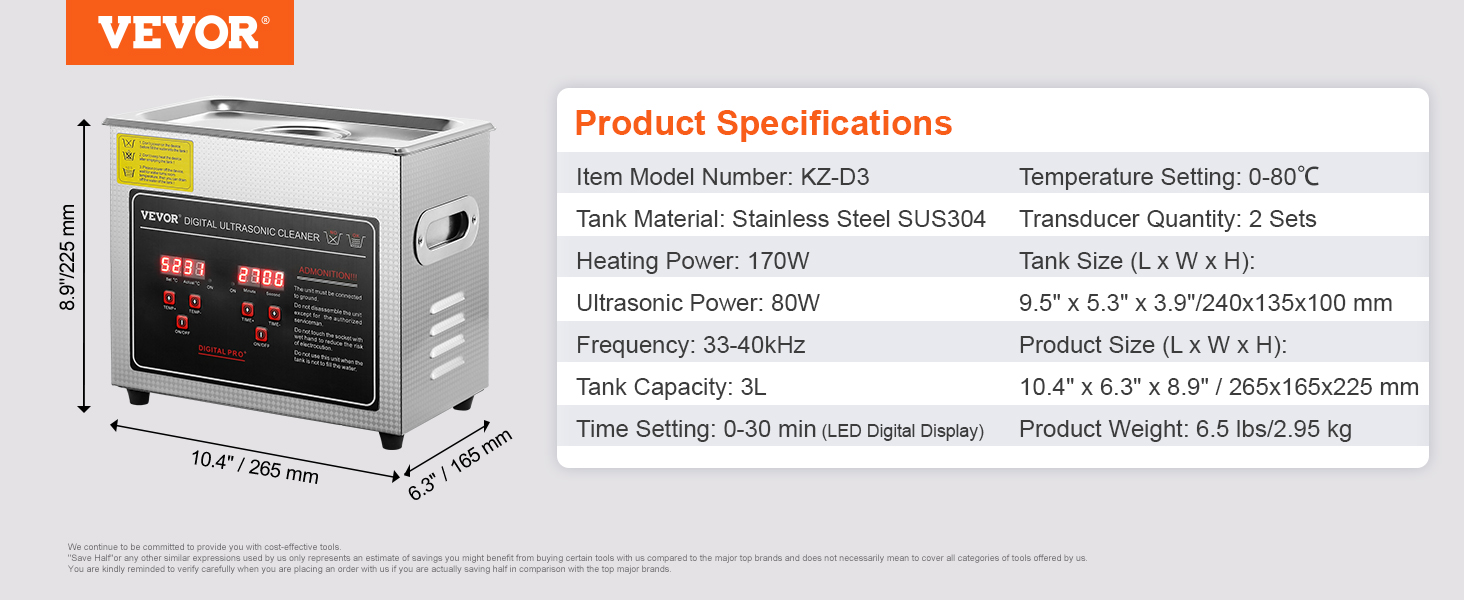 VEVOR ultrasonic cleaner, stainless steel, 3l, 170w heating, 80w ultrasonic power, led digital display.
