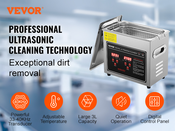 VEVOR ultrasonic cleaner with digital control panel, 3l capacity, adjustable temperature, and quiet operation.
