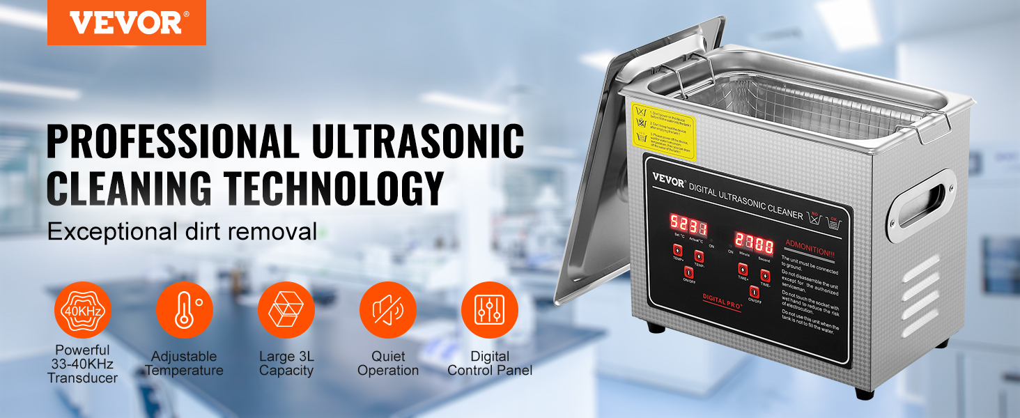 VEVOR ultrasonic cleaner with digital control panel, 3l capacity, adjustable temperature, and quiet operation.