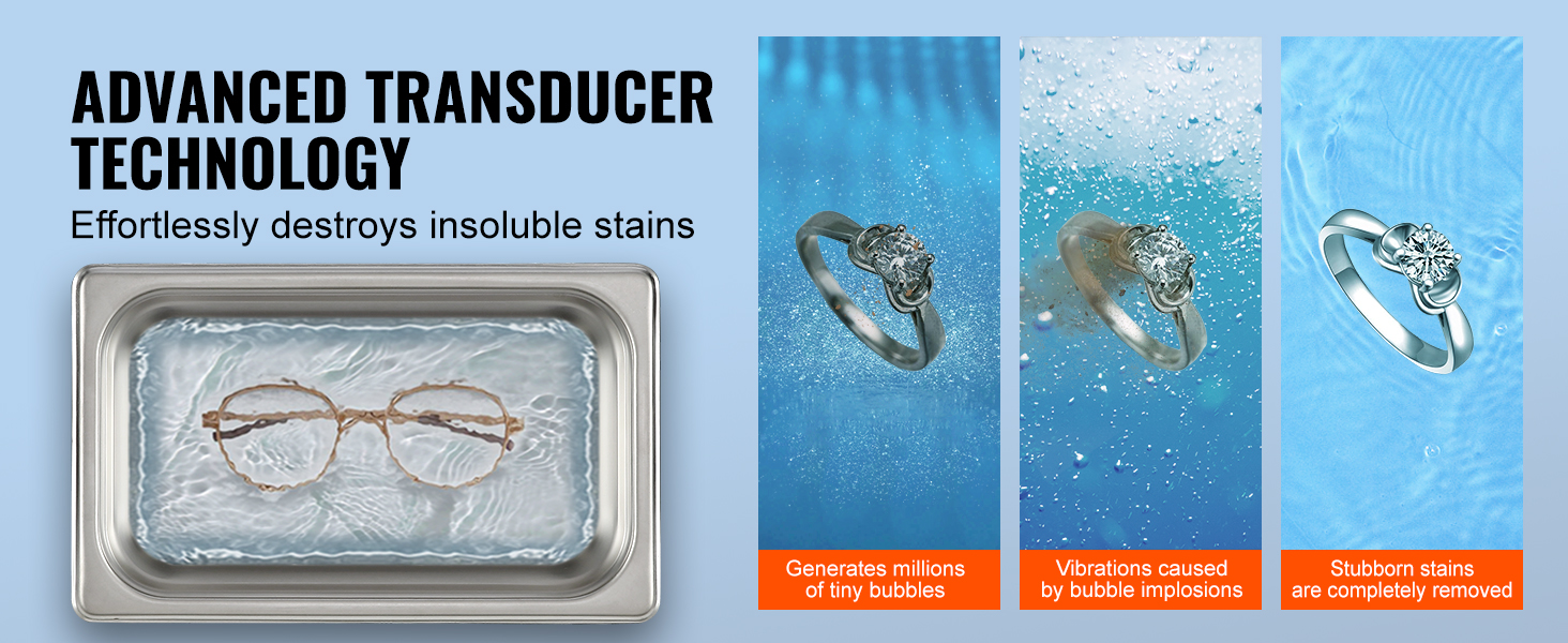 VEVOR ultrasonic cleaner with advanced transducer technology removes insolvable stains from glasses and rings.