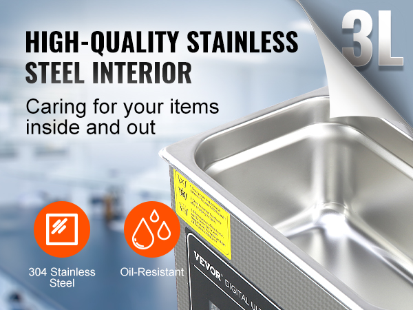 VEVOR ultrasonic cleaner 3l with 304 stainless steel, oil-resistant, high-quality interior.