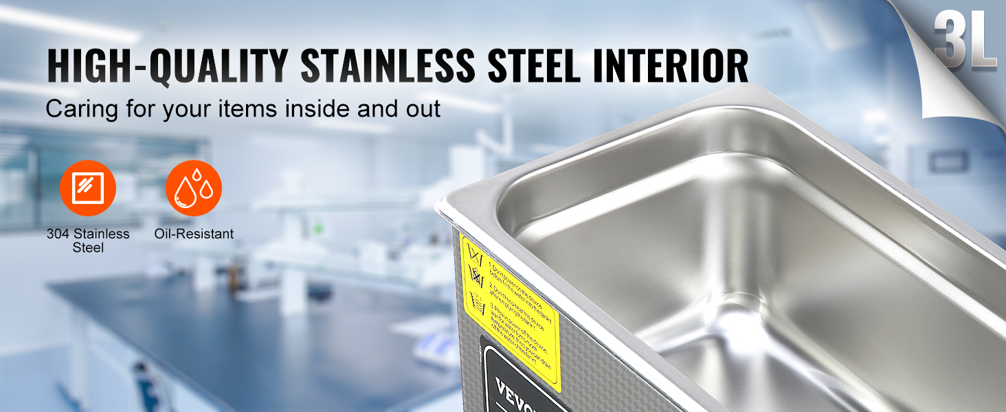 VEVOR ultrasonic cleaner 3l with 304 stainless steel, oil-resistant, high-quality interior.
