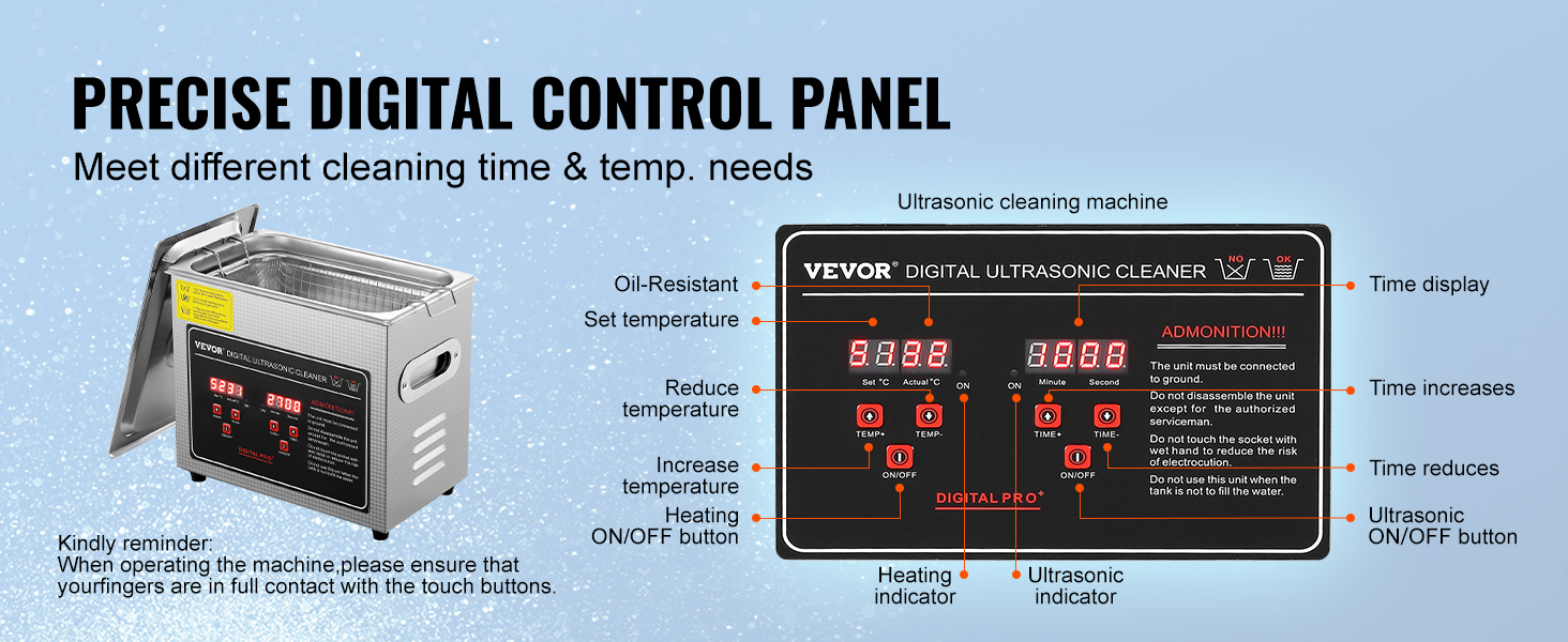 VEVOR ultrasonic cleaner with precise digital control panel, showing time, temperature, and indicators.