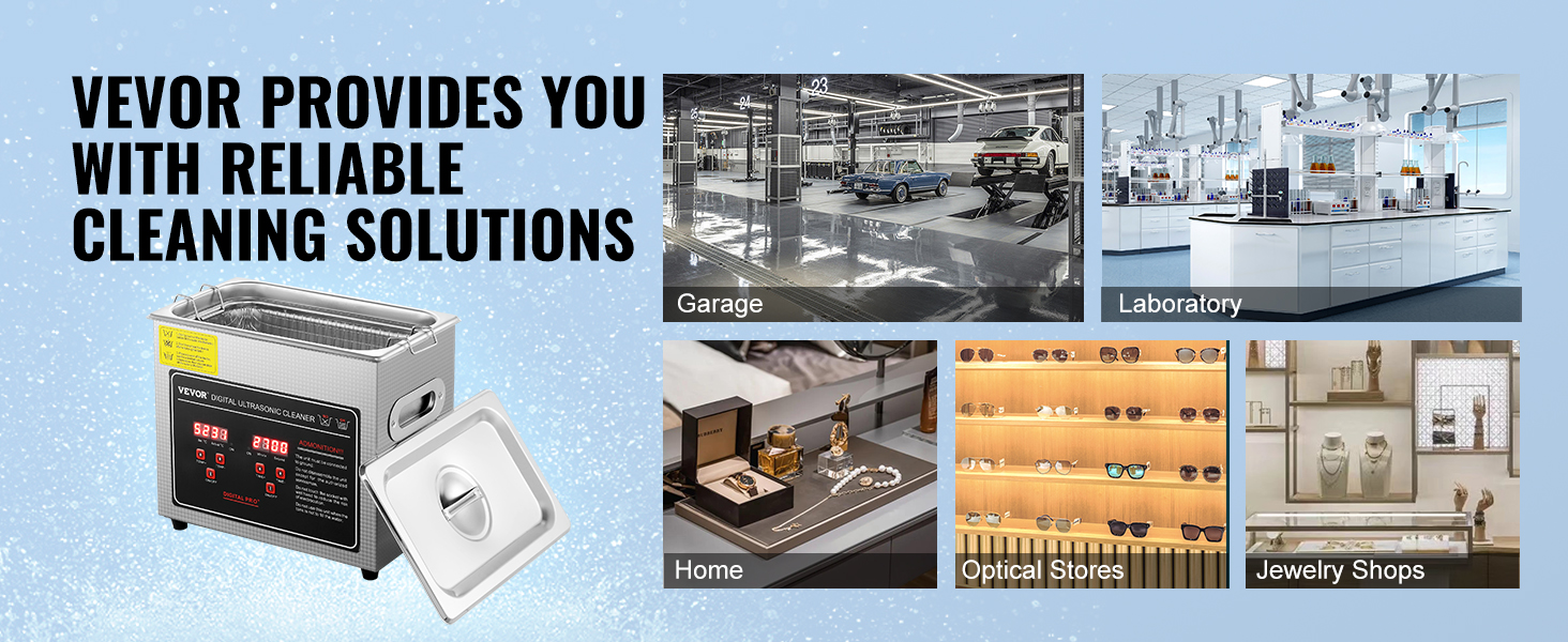 VEVOR ultrasonic cleaner displayed with applications in garage, laboratory, home, optical stores, and jewelry shops.