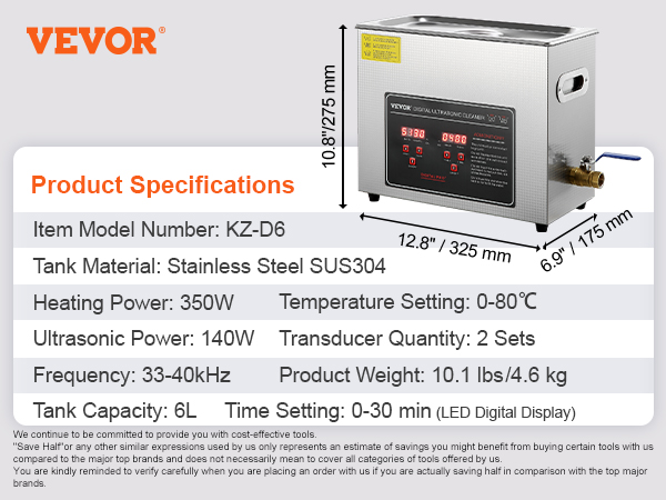 VEVOR ultrasonic cleaner kz-d6 with stainless steel tank, 350w heating, and 6l capacity.
