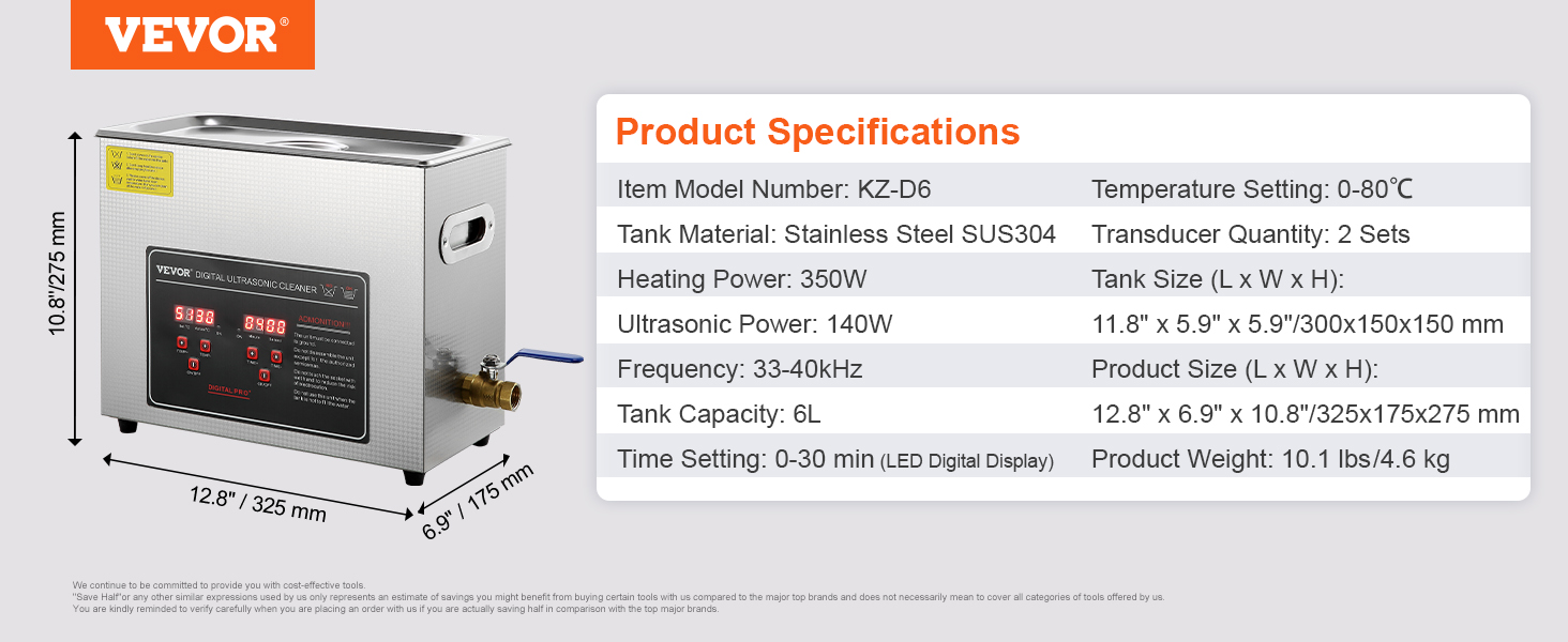 VEVOR ultrasonic cleaner kz-d6 with stainless steel tank, 350w heating, and 6l capacity.