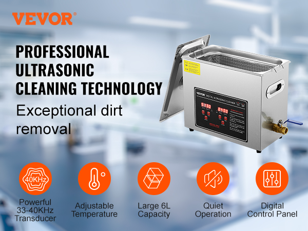 VEVOR ultrasonic cleaner in a lab setting with digital controls, adjustable temperature, and 6l capacity.