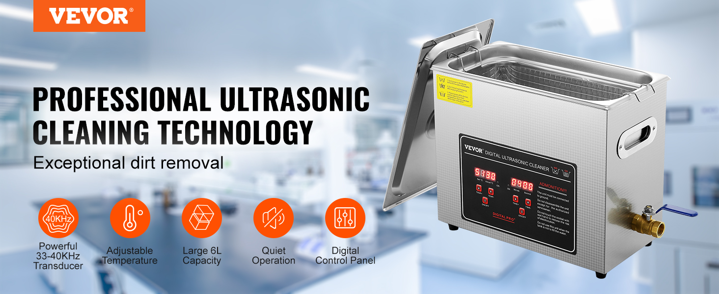 VEVOR ultrasonic cleaner in a lab setting with digital controls, adjustable temperature, and 6l capacity.