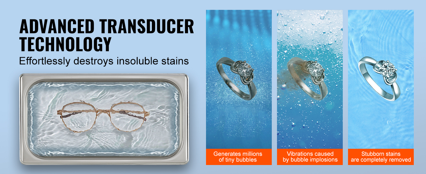 VEVOR ultrasonic cleaner with transducer technology for cleaning glasses and jewelry effortlessly.