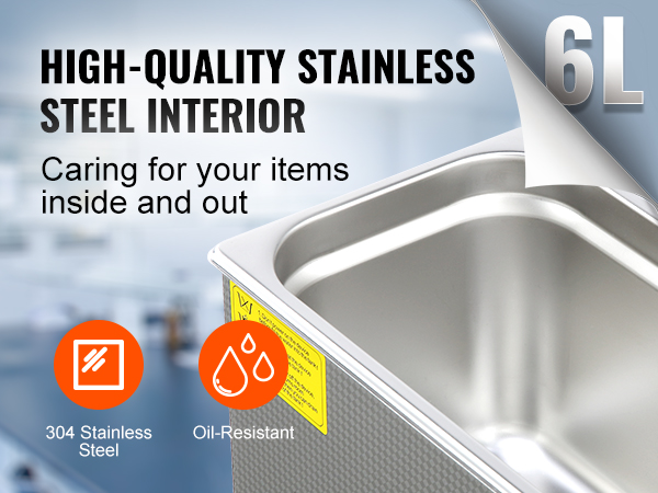 VEVOR ultrasonic cleaner 6l with high-quality stainless steel interior, oil-resistant, 304 stainless steel.