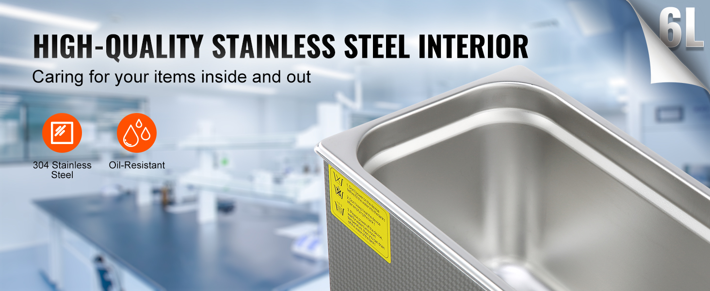 VEVOR ultrasonic cleaner 6l with high-quality stainless steel interior, oil-resistant, 304 stainless steel.