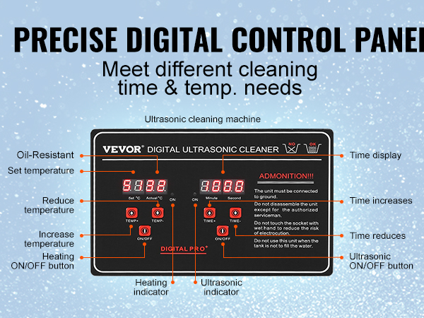 VEVOR ultrasonic cleaner with precise digital control panel for cleaning time and temperature settings.