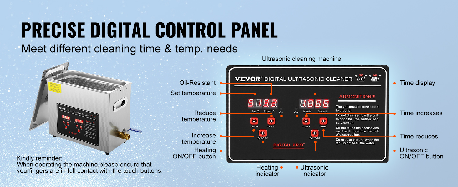 VEVOR ultrasonic cleaner with precise digital control panel for cleaning time and temperature settings.