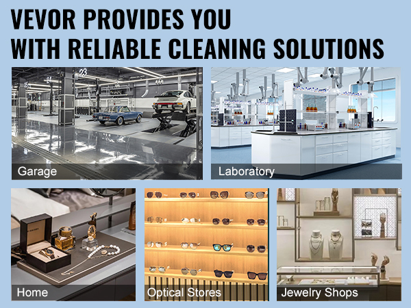 VEVOR ultrasonic cleaner for reliable cleaning in garages, laboratories, homes, optical stores, and jewelry shops.
