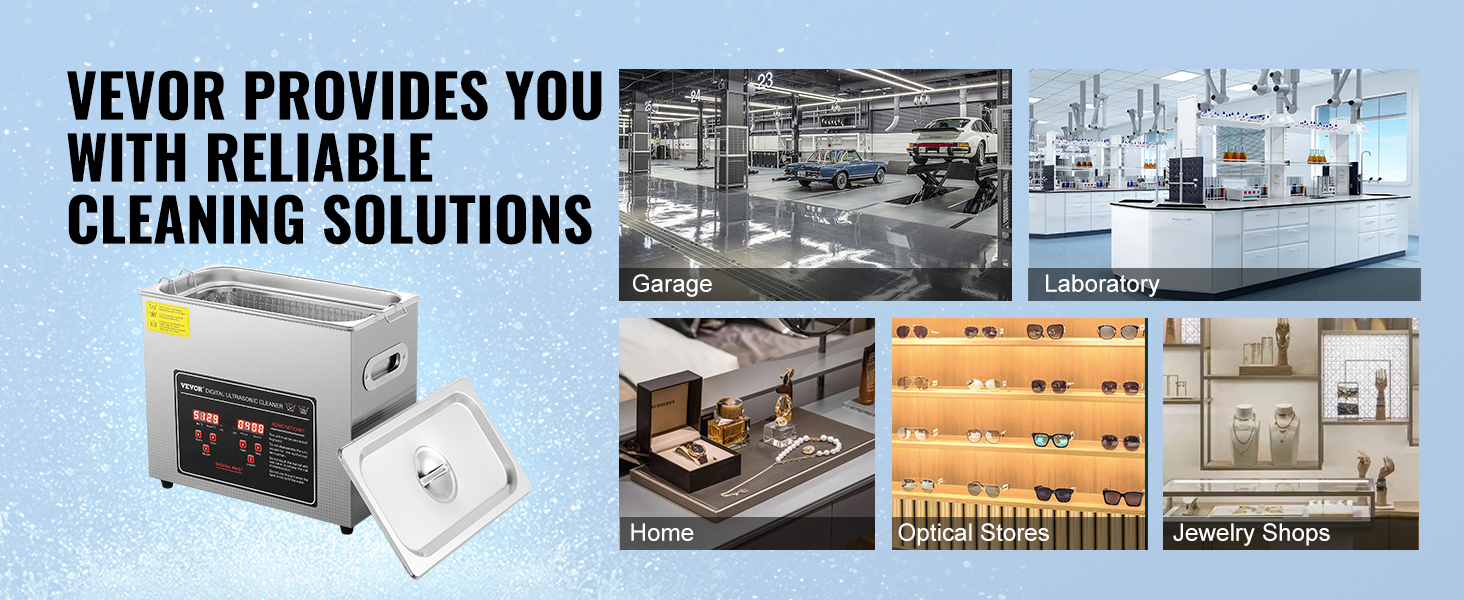 VEVOR ultrasonic cleaner for reliable cleaning in garages, laboratories, homes, optical stores, and jewelry shops.