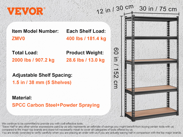 VEVOR heavy-duty shelving unit, 5 adjustable shelves, max load 2000 lbs, includes assembly tools.
