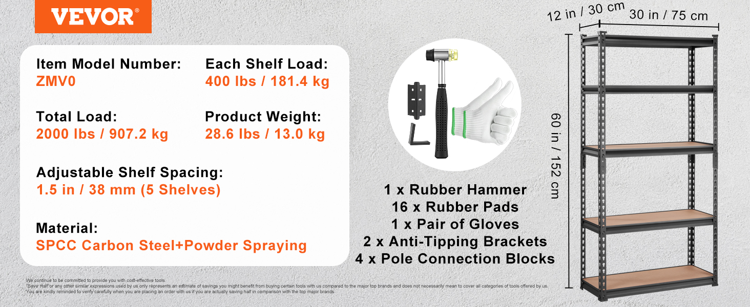 VEVOR heavy-duty shelving unit, 5 adjustable shelves, max load 2000 lbs, includes assembly tools.