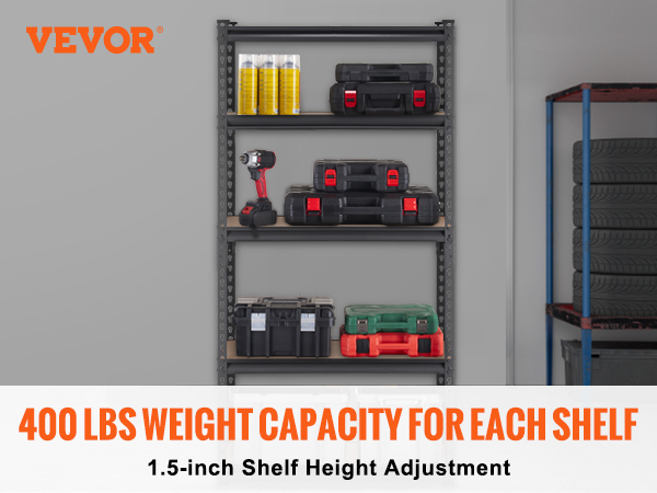 VEVOR garage shelves with 400 lbs capacity and adjustable height, storing tools and boxes in a garage.