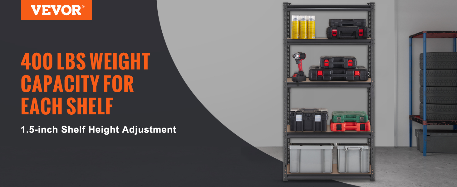 VEVOR garage shelves with 400 lbs capacity and adjustable height, storing tools and boxes in a garage.