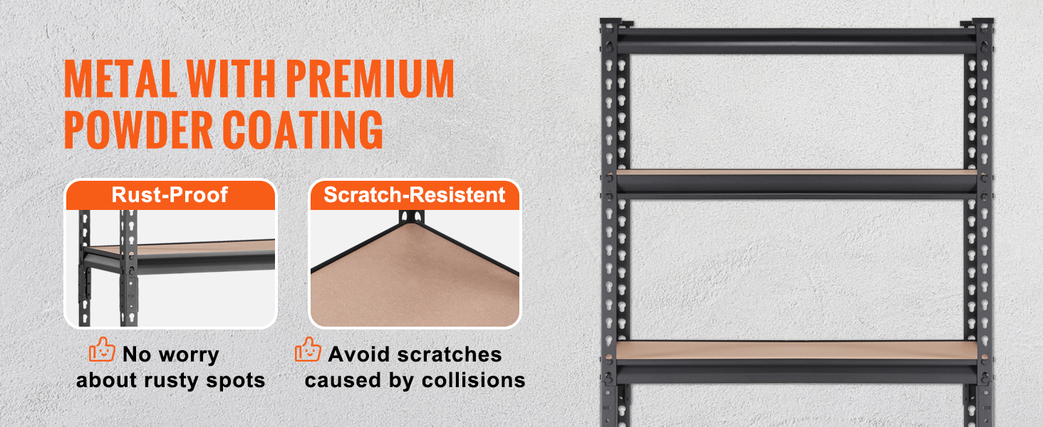 VEVOR garage shelves with rust-proof and scratch-resistant metal with premium powder coating.