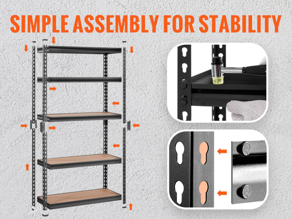 VEVOR garage shelves with simple assembly, no need to drill or tighten bolts, stable design.