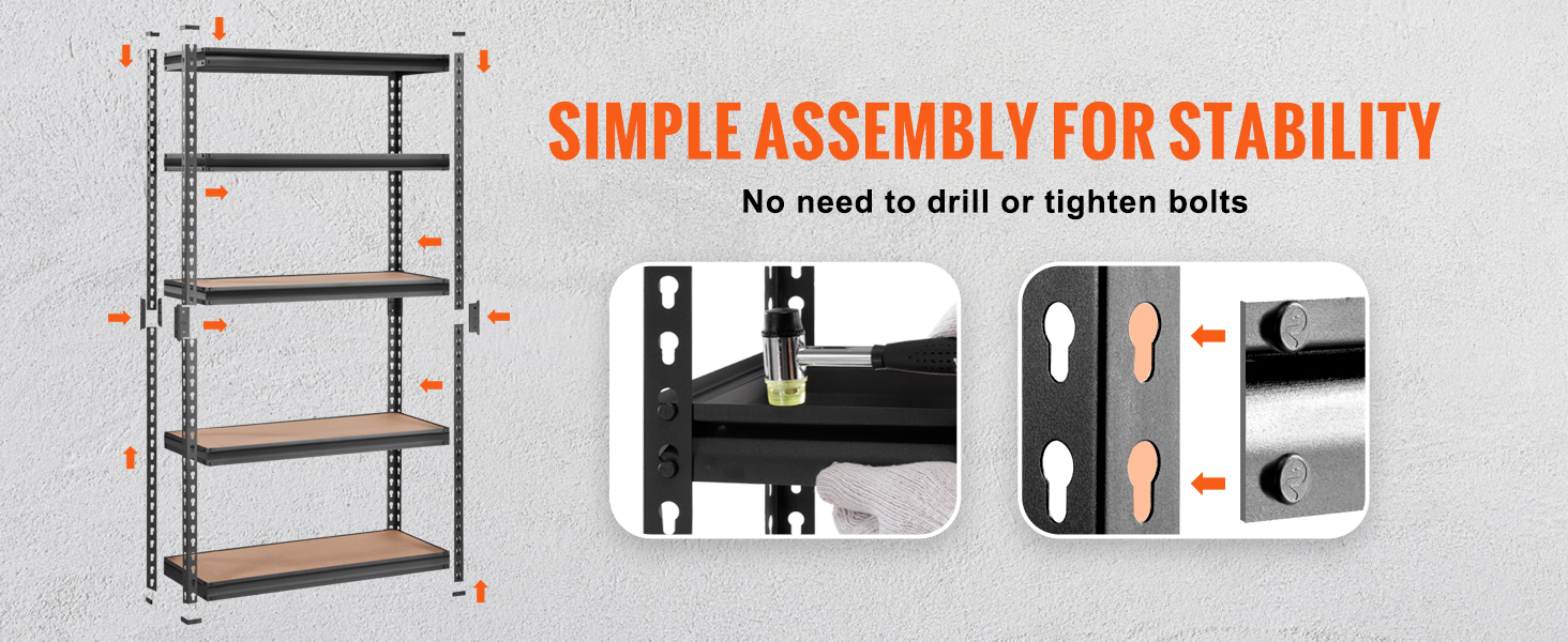 VEVOR garage shelves with simple assembly, no need to drill or tighten bolts, stable design.