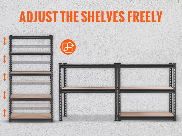 adjustable VEVOR garage shelves in a vertical and horizontal setup with arrows indicating flexibility.