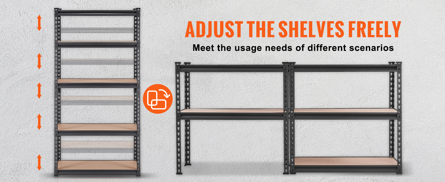 adjustable VEVOR garage shelves in a vertical and horizontal setup with arrows indicating flexibility.