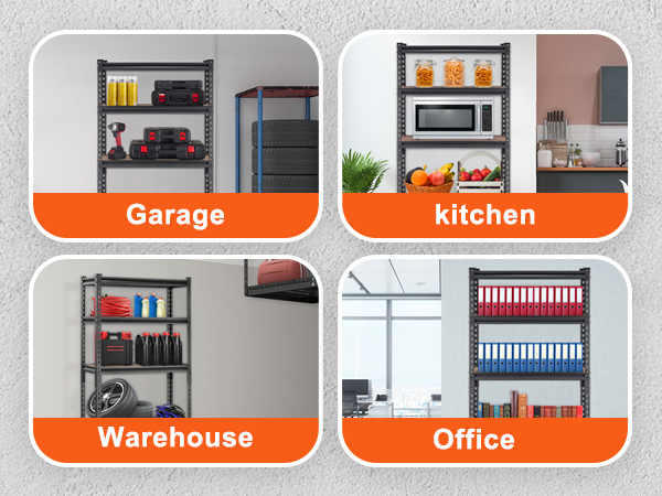VEVOR garage shelves in use for garage, kitchen, warehouse, and office storage solutions.