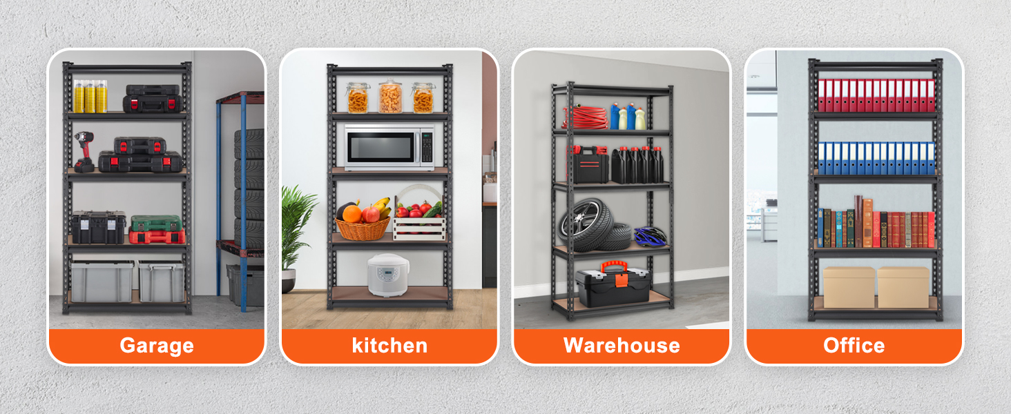 VEVOR garage shelves in use for garage, kitchen, warehouse, and office storage solutions.
