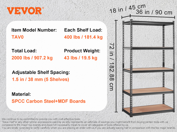 VEVOR garage shelving unit with 5 adjustable shelves, spcc carbon steel, mdf boards, 2000 lbs load.