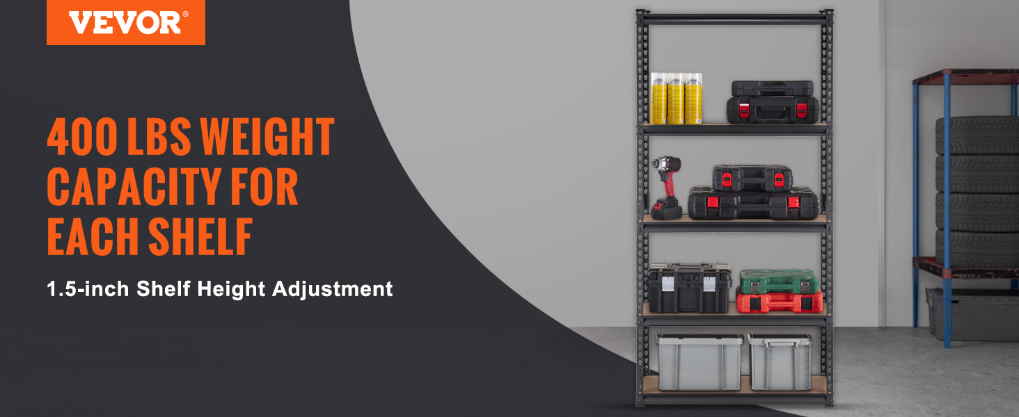 VEVOR garage shelving unit with 400 lbs weight capacity per shelf and 1.5-inch adjustable height.