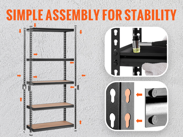 VEVOR garage shelving unit showcases simple assembly with no need for drilling or tightening bolts.
