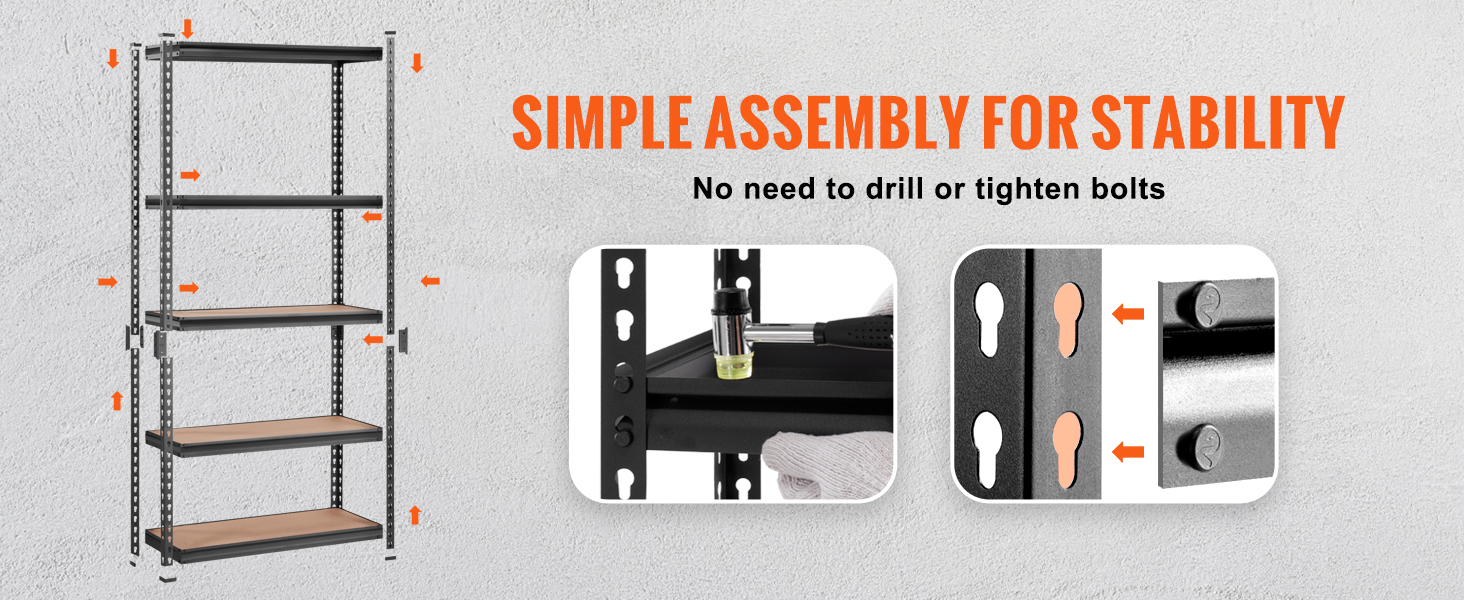 VEVOR garage shelving unit showcases simple assembly with no need for drilling or tightening bolts.