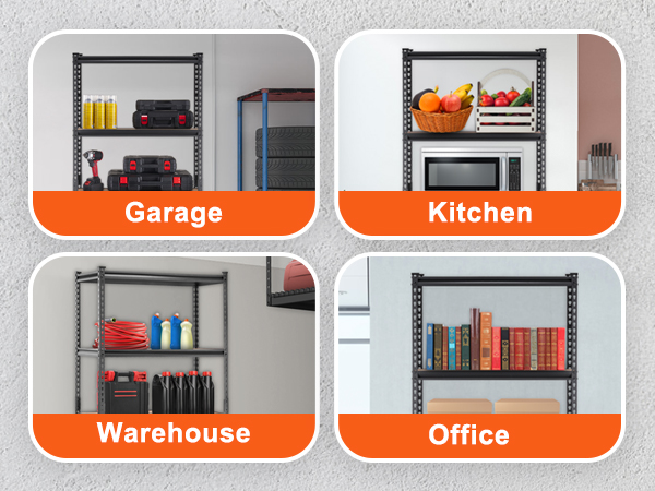 VEVOR garage shelving unit displaying organizational options for garage, kitchen, warehouse, and office.