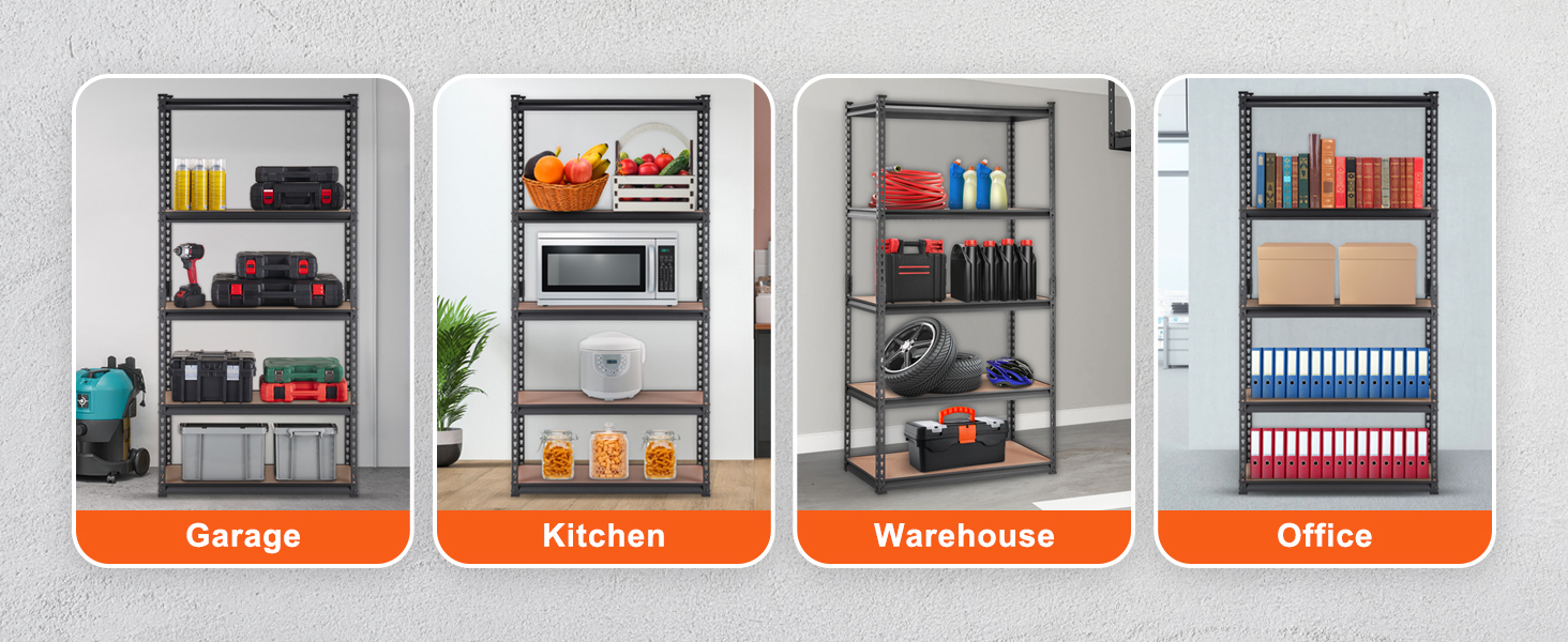 VEVOR garage shelving unit displaying organizational options for garage, kitchen, warehouse, and office.