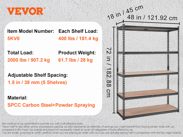 VEVOR heavy duty garage shelves, 5kv0, 2000 lbs capacity, spcc steel, 5 adjustable shelves, 48"x18"x72".
