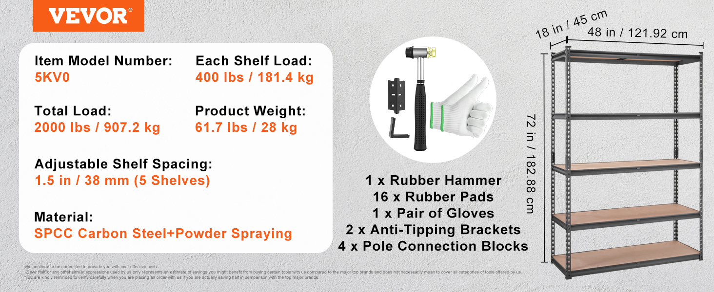 VEVOR heavy duty garage shelves, 5kv0, 2000 lbs capacity, spcc steel, 5 adjustable shelves, 48"x18"x72".