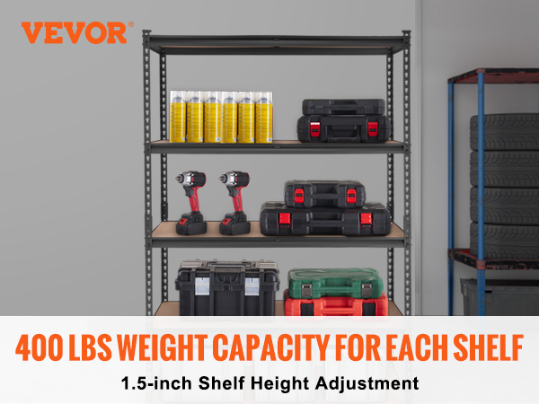 VEVOR heavy duty garage shelves, 400 lbs capacity each, holding tools and storage boxes in a garage.