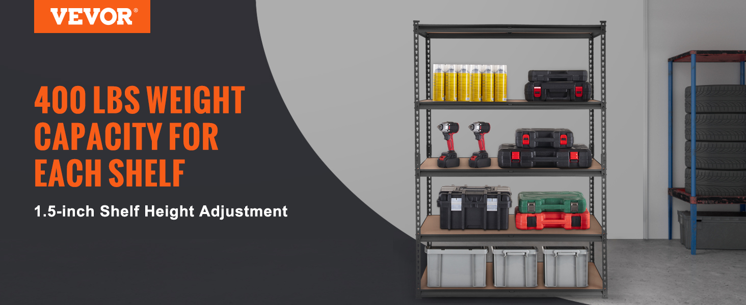 VEVOR heavy duty garage shelves, 400 lbs capacity each, holding tools and storage boxes in a garage.