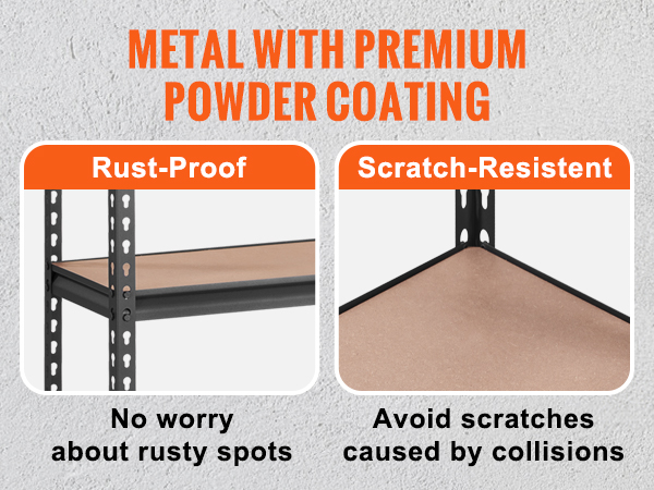 VEVOR heavy duty garage shelves with rust-proof and scratch-resistant metal coating.