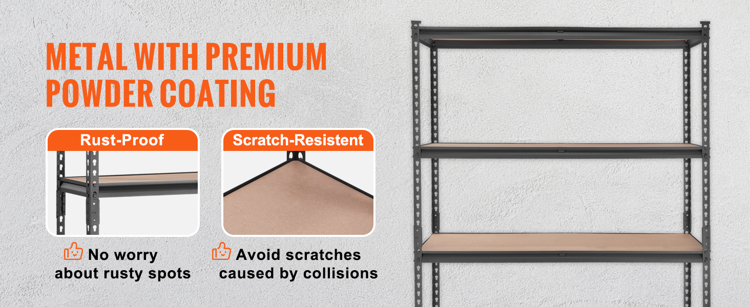 VEVOR heavy duty garage shelves with rust-proof and scratch-resistant metal coating.