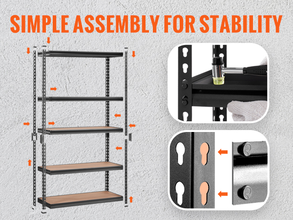 VEVOR heavy duty garage shelves with adjustable boards, easy assembly, no bolts needed.