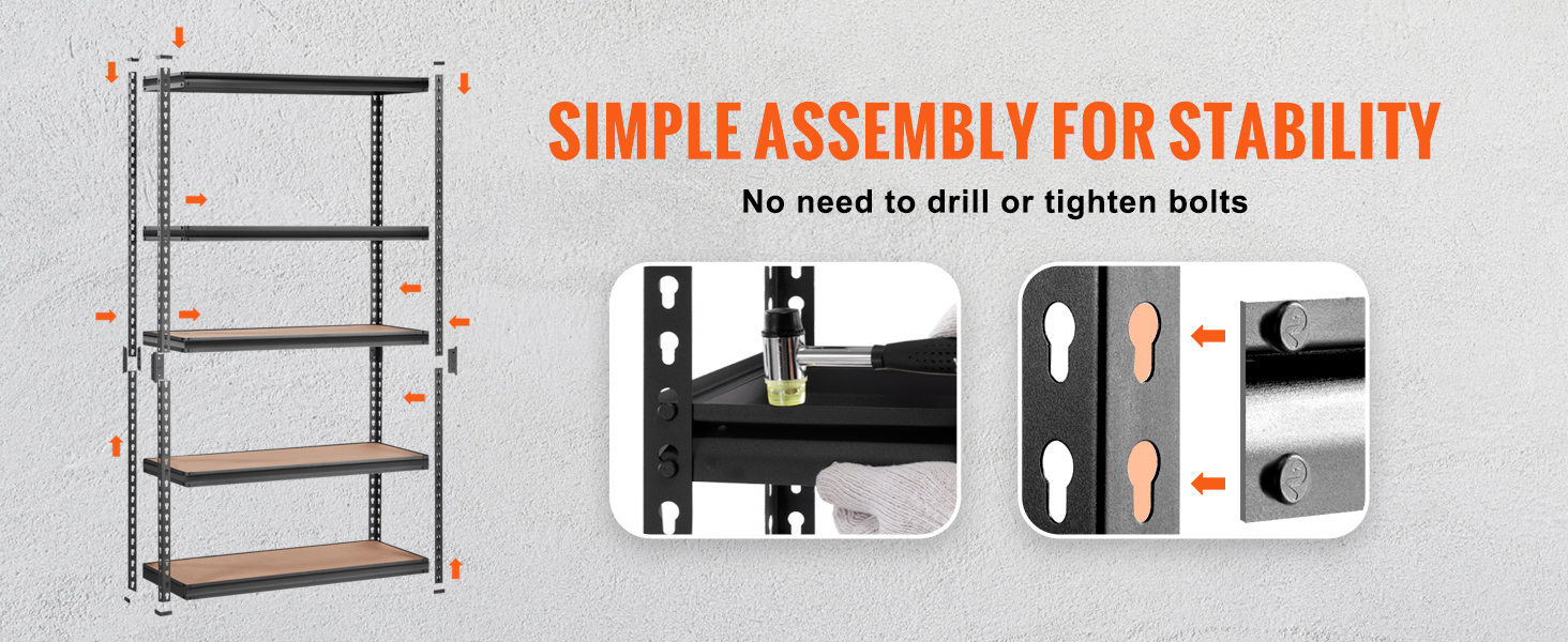 VEVOR heavy duty garage shelves with adjustable boards, easy assembly, no bolts needed.