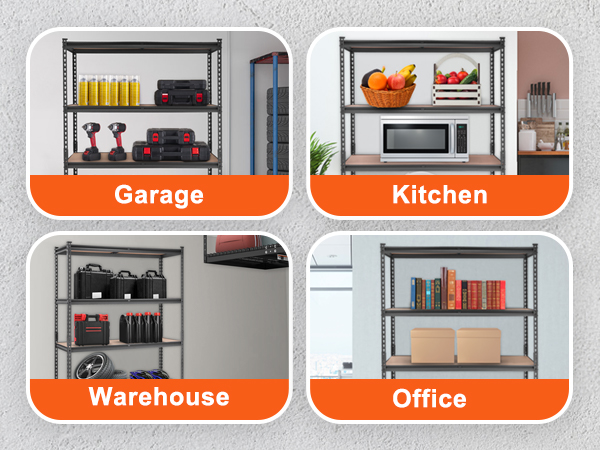 VEVOR heavy duty garage shelves in garage, kitchen, warehouse, and office setups.
