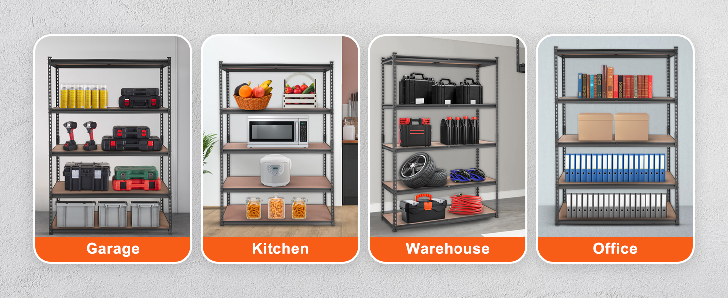 VEVOR heavy duty garage shelves in garage, kitchen, warehouse, and office setups.
