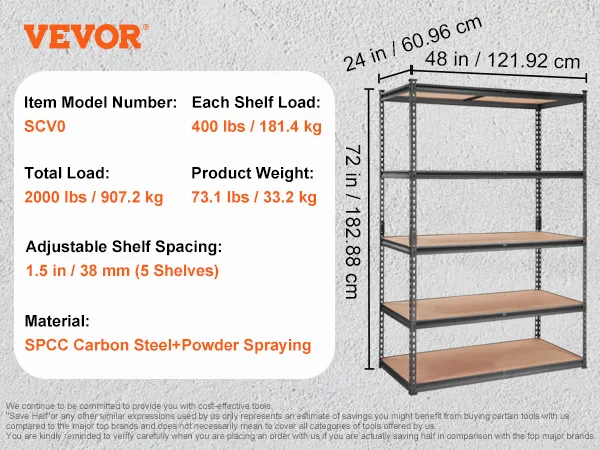 VEVOR heavy duty garage shelves, 5 adjustable shelves, 2000 lbs load capacity, dimensions: 48x24x72 in.