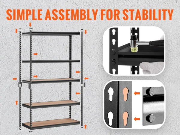VEVOR heavy duty garage shelves with adjustable levels and simple bolt-free assembly for stability.