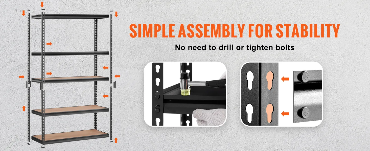 VEVOR heavy duty garage shelves with adjustable levels and simple bolt-free assembly for stability.