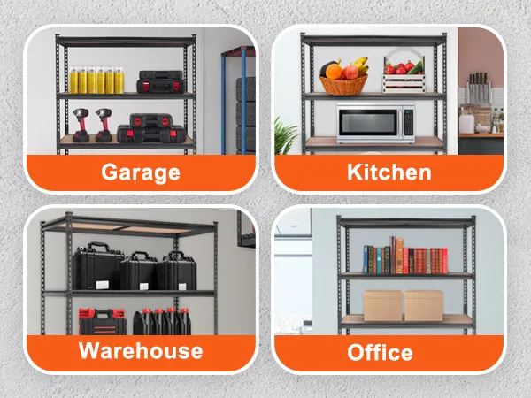 VEVOR heavy duty garage shelves storing tools, kitchen items, warehouse supplies, and office files.